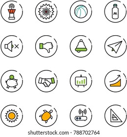 line vector icon set - airport tower vector, firework, basketball ball, milk, volume off, dislike, bell, paper plane, piggy bank, agreement, presentation chart, rise, sun, sea turtle, wi fi router