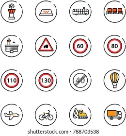 line vector icon set - airport tower vector, taxi, bus, waiting area, building, tractor way road sign, speed limit 60, 80, 110, 130, end, air balloon, plane, bike, excavator toy, truck