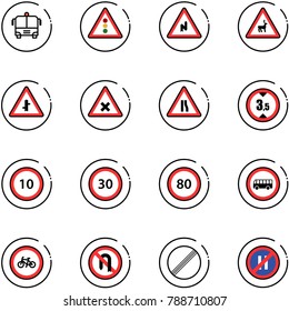 line vector icon set - airport bus vector, traffic light road sign, abrupt turn right, wild animals, intersection, railway, narrows, limited height, speed limit 10, 30, 80, no, bike, back