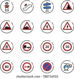 line vector icon set - airport tower vector, escalator up, road signpost sign, landslide, climb, steep descent, intersection, narrows, no trailer, speed limit 20, 50, 80, overtake, parking