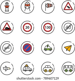 line vector icon set - airport tower vector, train, side wind, multi lane traffic road sign, climb, speed limit 20, 130, end, overtake, no parking, electric car, paper fly, plane, baggage, toy bus