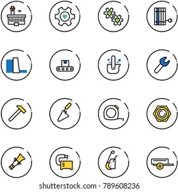 line vector icon set - airport building vector, heart gear, sun panel, water power plant, conveyor, casting of steel, wrench, hammer, trowel, measuring tape, nut, dowel, machine tool, winch, trailer