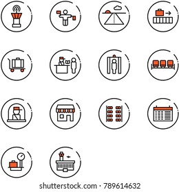 line vector icon set - airport tower vector, traffic controller, runway, baggage, passport control, metal detector gate, waiting area, officer window, duty free, plane seats, schedule, scales