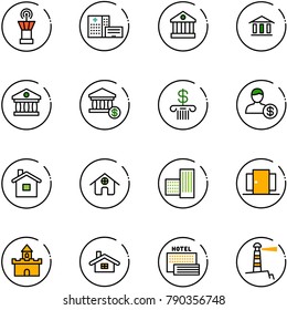 line vector icon set - airport tower vector, hospital building, bank, account, home, doors, sand fort, sea hotel, lighthouse