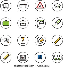 line vector icon set - airport bus vector, children road sign, graduate hat, case, portfolio, presentation, highlight marker, pennant, volleyball, ruler, pencil, abacus, abc book, toy