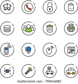 line vector icon set - airport bus vector, phone, lock, pulse clipboard, coin, group, trash bin, printer, mobile, globe, mouse wireless, terms plan, eye scanner, screw, car toy