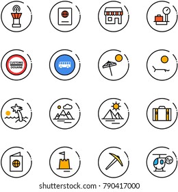 line vector icon set - airport tower vector, passport, duty free, baggage scales, customs road sign, bus, beach, lounger, palm, mountains, pyramid, suitcase, sand castle, axe, helicopter toy
