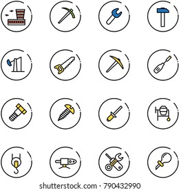 line vector icon set - airport building vector, job, wrench, hammer, oil derrick, saw, axe, chisel, bolt, screw, clinch, cocncrete mixer, winch, pipe welding, screwdriver, oiler