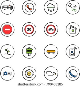 line vector icon set - airport bus vector, phone, money rain, investment, no way road sign, speed limit 30, bike, home, sproute, signpost, skateboard, identity card, projector, saw disk, oiler, ball