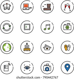 line vector icon set - airport bus vector, netabook connect, building, wine glasses, exchange, safe, music, camera, globe, bank, home, flip flops, server wireless, eye scanner, navigation pin