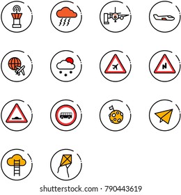 line vector icon set - airport tower vector, storm, boarding passengers, small plane, globe, snowfall, road sign, abrupt turn right, artificial unevenness, no bus, moon flag, paper fly, cloud ladder