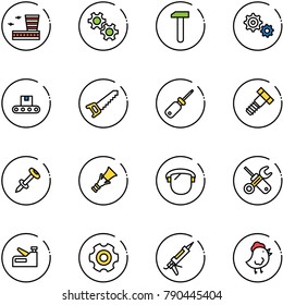 line vector icon set - airport building vector, gear, work, conveyor, saw, screwdriver, bolt, nail dowel, protect glass, wrench, stapler, gun sealant, chicken toy