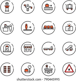 line vector icon set - airport tower vector, traffic controller, baggage, passport control, travolator, waiting area, terrorism, officer window, duty free, truck, trap, plane seats, scales, building