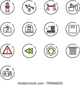 line vector icon set - airport tower vector, traffic controller, vip zone, passport control, terrorism, officer window, building, floor scales, light road sign, fast backward, gear globe, jalousie