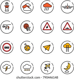 line vector icon set - airport tower vector, clouds, storm, plane, helicopter, globe, abrupt turn right road sign, artificial unevenness, no bus, moon flag, paper fly, cloud ladder, rain, kite, lamp