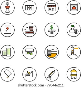 line vector icon set - airport tower vector, automatic doors, duty free, baggage room, first aid, building, bank, account, store, hotel, lighthouse, fretsaw, stapler, gun sealant, toy block house