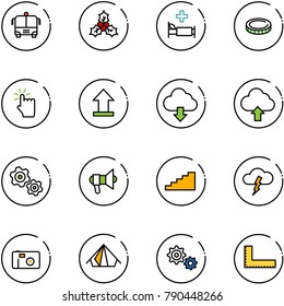 line vector icon set - airport bus vector, holly, hospital bed, coin, hand touch, uplooad, download cloud, upload, gears, megaphone, stairs, storm, photo, tent, gear, corner ruler