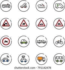 line vector icon set - airport bus vector, trap truck, snowmobile, encashment car, embankment road sign, tractor way, crash, for moto, no, cabrio, bike, wireless, toy