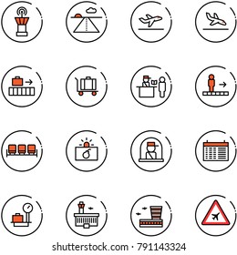 line vector icon set - airport tower vector, runway, departure, arrival, baggage, passport control, travolator, waiting area, terrorism, officer window, schedule, scales, building, road sign
