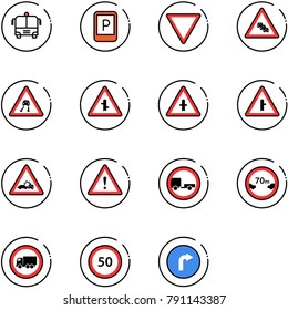 line vector icon set - airport bus vector, parking sign, giving way road, multi lane traffic, slippery, intersection, car crash, attention, no trailer, limited distance, truck, speed limit 50