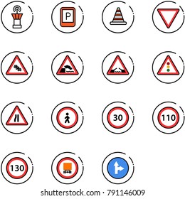 line vector icon set - airport tower vector, parking sign, road cone, giving way, multi lane traffic, embankment, drawbridge, light, narrows, no pedestrian, speed limit 30, 110, 130, dangerous cargo