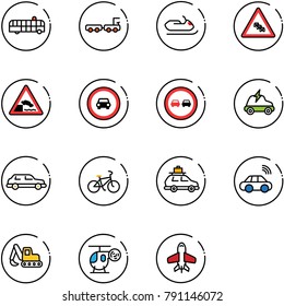 line vector icon set - airport bus vector, baggage truck, snowmobile, multi lane traffic road sign, embankment, no car, overtake, electric, limousine, bike, wireless, excavator toy, helicopter