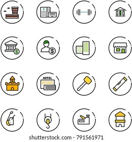 line vector icon set - airport building vector, hospital, barbell, bank, account, store, sand fort, sea hotel, rubber hammer, level, winch, stapler, toy block house