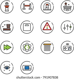 line vector icon set - airport tower vector, vip zone, officer window, building, floor scales, traffic light road sign, settings, fast forward, gear globe, jalousie, joystick wireless, eye scanner
