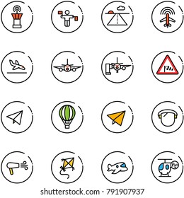 line vector icon set - airport tower vector, traffic controller, runway, plane radar, arrival, boarding passengers, side wind road sign, paper fly, air balloon, protect glass, dryer, kite, toy