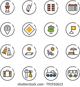 line vector icon set - airport tower vector, suitcase, plane seats, schedule, dollar pin, main road sign, signpost, flag, flippers, mat, beach, inflatable pool, ship bell, moon rover, toy bus