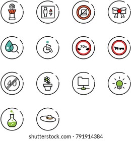 line vector icon set - airport tower vector, elevator, no computer sign, bow, blood test, disabled, limited distance road, cart horse, end speed limit, flower pot, network folder, bulb, round flask