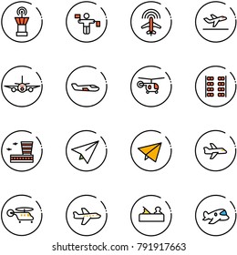 line vector icon set - airport tower vector, traffic controller, plane radar, departure, small, helicopter, seats, building, paper, fly, jointer, toy
