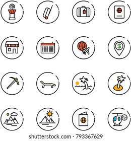 line vector icon set - airport tower vector, suitcase, passport, duty free, schedule, plane globe, dollar pin, job, lounger, palm, mountains, pyramid, helicopter toy