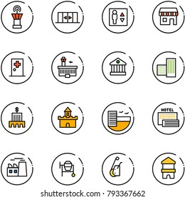 line vector icon set - airport tower vector, automatic doors, elevator, duty free, first aid room, building, bank, sand fort, hotel, sea, plant, cocncrete mixer, winch, toy block house