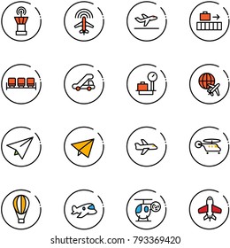 line vector icon set - airport tower vector, plane radar, departure, baggage, waiting area, trap truck, scales, globe, paper, fly, helicopter, air balloon, toy