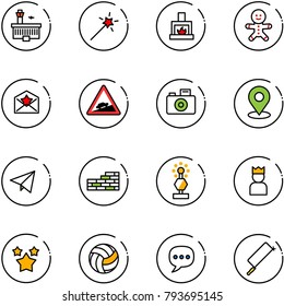 line vector icon set - airport building vector, Magic wand, fireplace, cake man, star letter, climb road sign, camera, map pin, paper fly, brick wall, award, king, stars, volleyball, chat