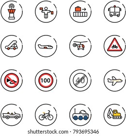 line vector icon set - airport tower vector, traffic controller, baggage, bus, trap truck, small plane, helicopter, road for moto sign, no horn, speed limit 100, end, cabrio, bike, moon rover