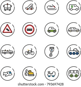 line vector icon set - airport bus vector, trap truck, snowmobile, encashment car, multi lane traffic road sign, no, limousine, cabrio, bike, piston, moon rover, plane toy, excavator, baby