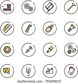line vector icon set - airport building vector, gears, bucksaw, mason hammer, trowel, plumber, side cutters, bolt, nut, nail dowel, rivet, jig saw, winch, stapler, chicken toy
