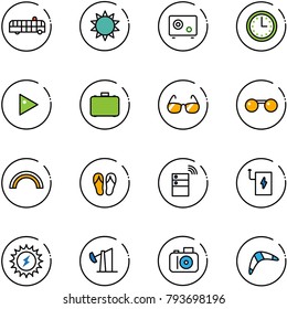 line vector icon set - airport bus vector, sun, safe, time, play, case, sunglasses, rainbow, flip flops, server wireless, power bank, oil derrick, camera, boomerang