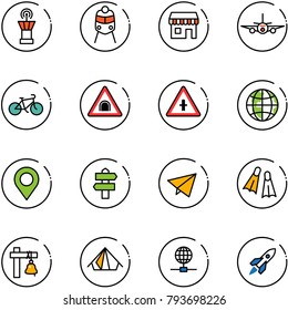 line vector icon set - airport tower vector, train, duty free, plane, bike, tunnel road sign, intersection, globe, map pin, signpost, paper fly, flippers, ship bell, tent, rocket