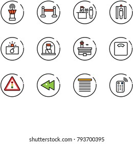 line vector icon set - airport tower vector, vip zone, passport control, metal detector gate, terrorism, officer window, building, floor scales, traffic light road sign, fast backward, jalousie