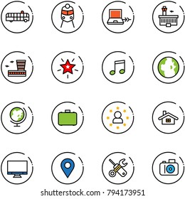 line vector icon set - airport bus vector, train, netabook connect, building, christmas star, music, globe, case, man, home, monitor, navigation pin, wrench screwdriver, camera