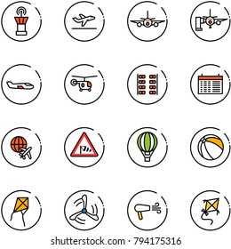 line vector icon set - airport tower vector, departure, plane, boarding passengers, small, helicopter, seats, schedule, globe, side wind road sign, air balloon, ball, kite, mill, dryer