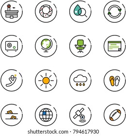 line vector icon set - airport building vector, christmas wreath, blood test, exchange, safe, globe, office chair, schedule, flying man, sun, rain cloud, flip flops, satellite, football