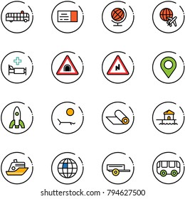 line vector icon set - airport bus vector, ticket, globe, plane, hospital bed, tunnel road sign, abrupt turn right, map pin, rocket, lounger, mat, bungalow, cruiser, trailer, toy