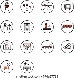 line vector icon set - airport tower vector, traffic controller, runway, baggage, passport control, metal detector gate, travolator, waiting area, officer window, duty free, truck, trap, scales