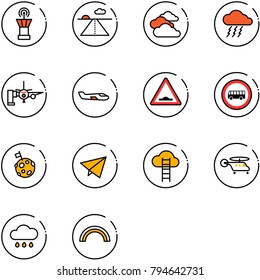 line vector icon set - airport tower vector, runway, clouds, storm, boarding passengers, small plane, artificial unevenness road sign, no bus, moon flag, paper fly, cloud ladder, helicopter, rain