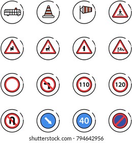 line vector icon set - airport bus vector, road cone, side wind, pedestrian sign, abrupt turn right, wild animals, intersection, prohibition, no left, speed limit 110, 120, back, detour, minimal