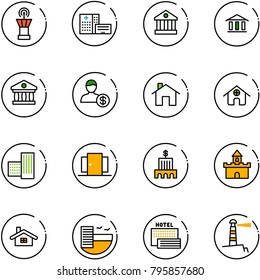 line vector icon set - airport tower vector, hospital building, bank, account, home, doors, sand fort, hotel, sea, lighthouse